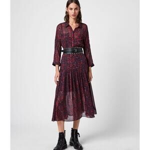 NWOT All Saints Long Sleeve Sheer Jewel Tone Feather Print Dress Size 6